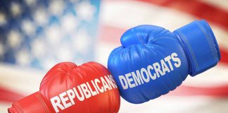 Red and blue gloves with flag background