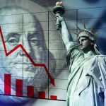 Statue of Liberty with declining financial graph overlay.