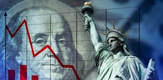 Statue of Liberty with declining financial graph overlay.