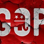 GOP letters with elephant on cracked red background