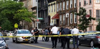 Police gathered at an urban crime scene.