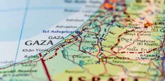 Map showing Gaza and nearby regions in Israel