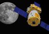 Spacecraft near the moon in black space background