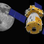 Spacecraft near the moon in black space background