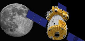 Spacecraft near the moon in black space background