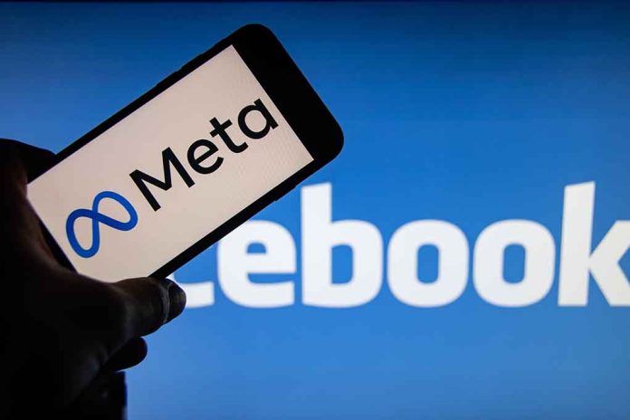 2066596991 featured image Meta logo on phone, Facebook background display.
