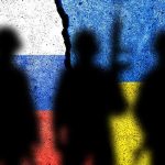 Three soldier silhouettes against split Russia Ukraine flags