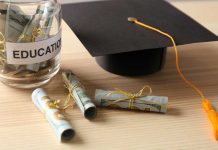 Graduation cap with money rolls and jar labeled Education.