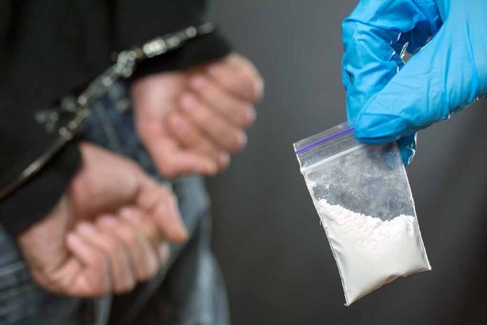 1198679785 featured image Person handcuffed police holding bag of white substance