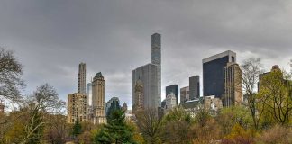 City skyline with park and people relaxing