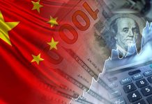 China flag dollar bills calculator financial chart