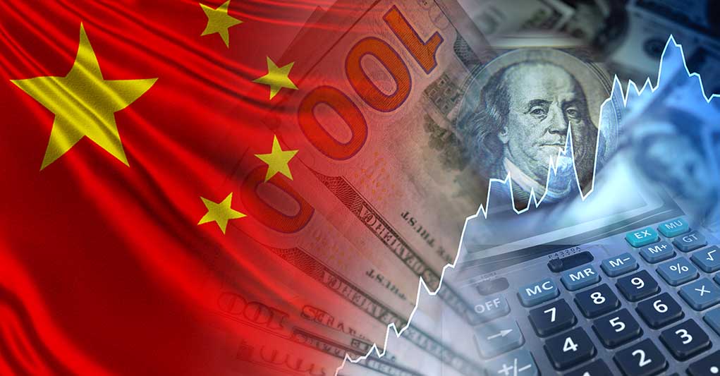 China flag dollar bills calculator financial chart