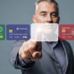 Man interacting with virtual credit card interface