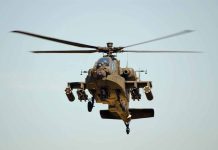 Helicopter in flight viewed from below front