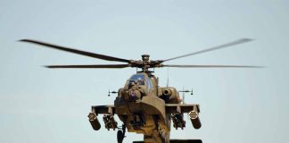 Helicopter in flight viewed from below front