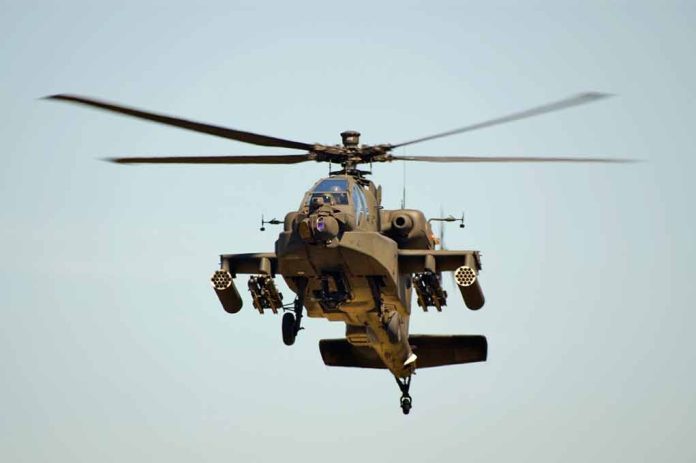 Helicopter in flight viewed from below front