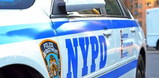NYPD police car with logo and text