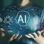 Person holding virtual icons related to artificial intelligence