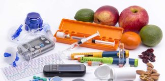 Diabetes management tools with fruits and nuts displayed