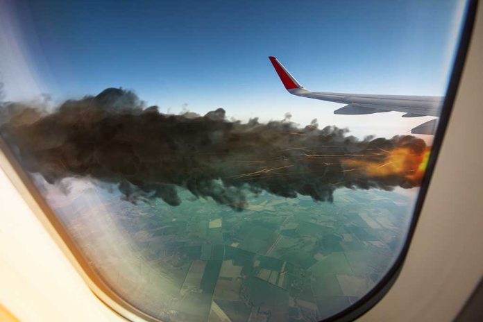 456112087 featured image Airplane wing with engine on fire mid flight
