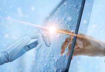 Robotic and human hands touching through a screen