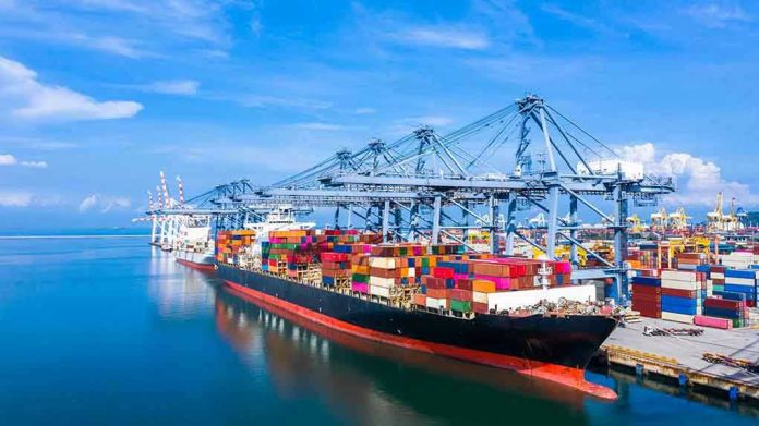 Container ship docked at a busy industrial port