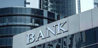 Bank building with reflective glass windows.