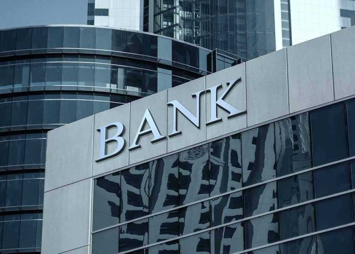 Bank building with reflective glass windows.