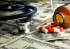 Stethoscope and prescription pills on a background of dollar bills
