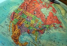 Close up of a vintage globe highlighting North America