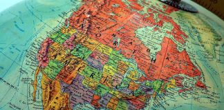 Close up of a vintage globe highlighting North America