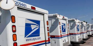 Row of USPS mail trucks parked in lot.