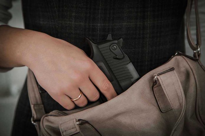 427035313 Hand placing handgun into beige handbag