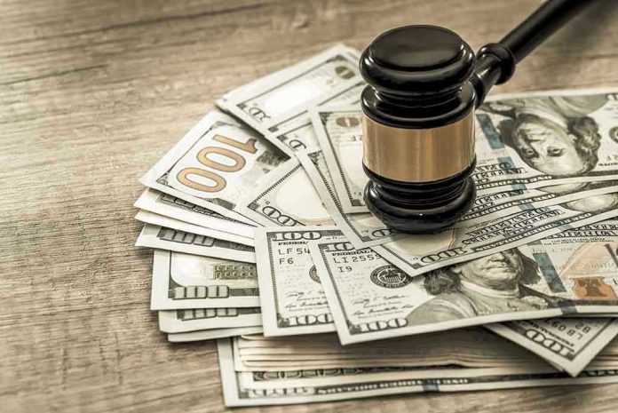 647031994 Gavel on a pile of hundred-dollar bills.