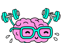Brain wearing glasses lifting dumbbells and sweating