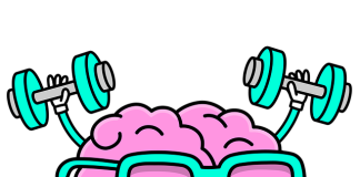 Brain wearing glasses lifting dumbbells and sweating