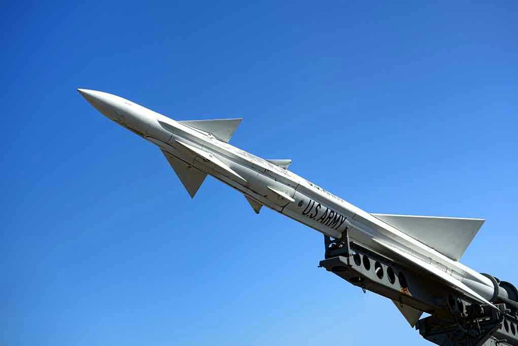 190114949 U.S. Army missile against a clear blue sky.