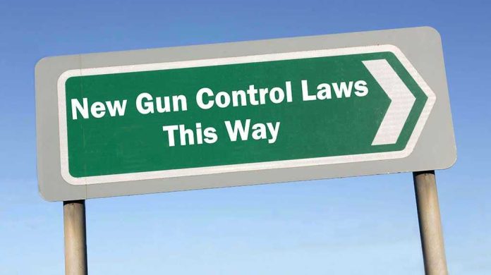 Sign: New Gun Control Laws This Way with arrow.