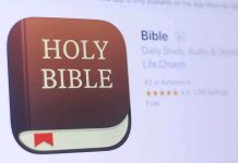 Icon of a Bible app featuring a brown book with HOLY BIBLE text
