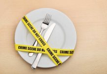 A plate with a fork and knife wrapped in yellow crime scene tape