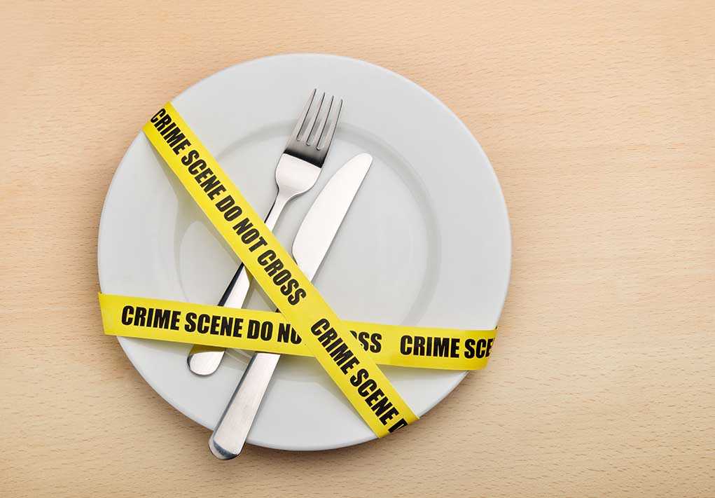 A plate with a fork and knife wrapped in yellow crime scene tape