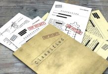 Indictment Holds — FBI Raid EXPOSES Classified Docs in Home Classified documents with Top Secret stamps on wooden surface.