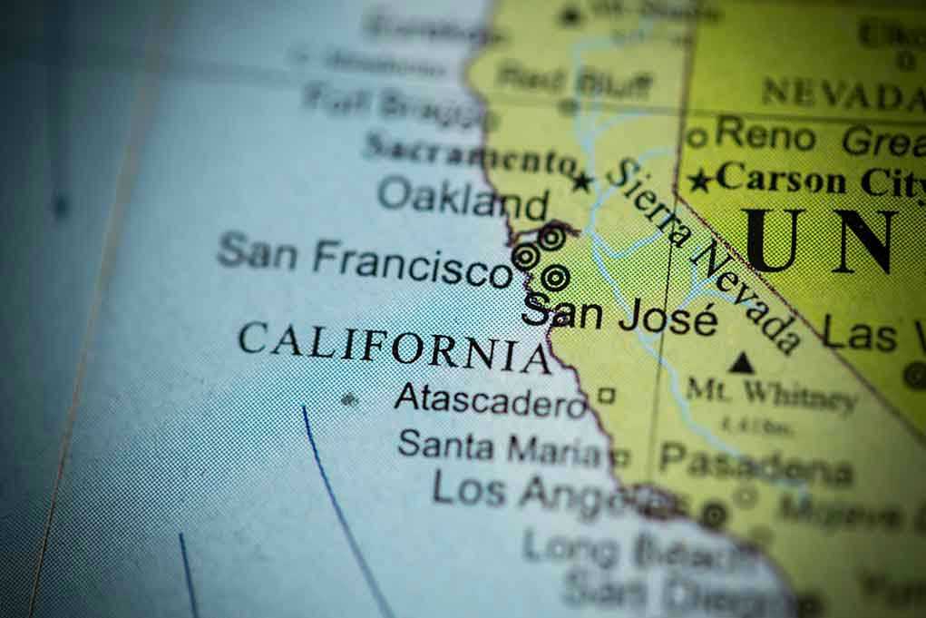 Close-up of California map showing major cities.