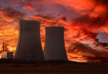 Chernobyl Dogs Turn ELECTRIC BLUE Overnight Silhouette of cooling towers against a vibrant sunset sky