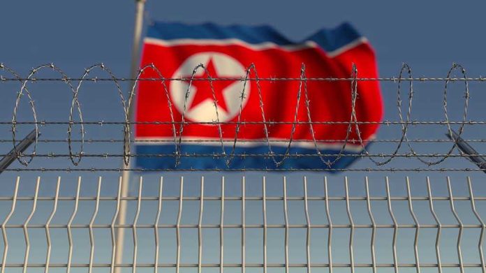 1336464401 Barbed wire fence with North Korean flag behind.