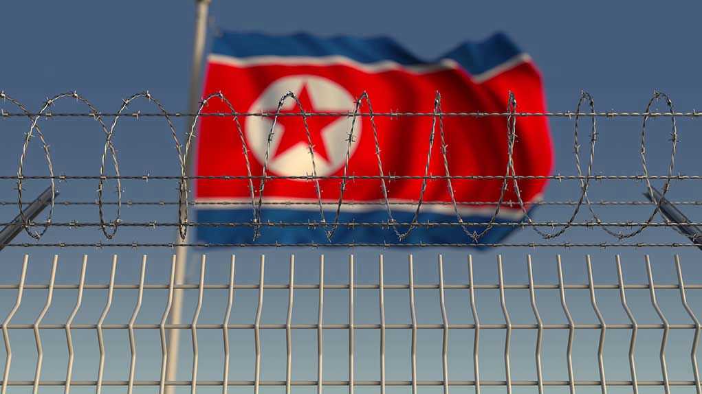 Barbed wire fence with North Korean flag behind.