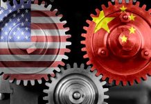 China Panic: Trump’s Chip Deal Upends Tech Power Interlocking gears with USA and China flags.