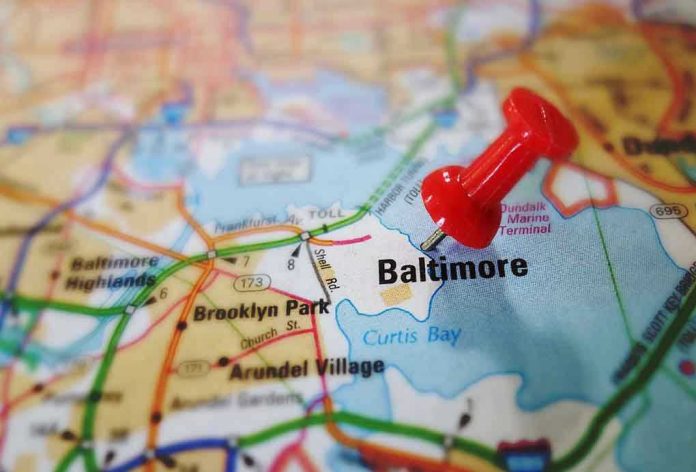 Red pushpin marking Baltimore on a map.