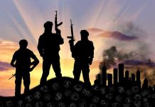 CHILDREN SNATCHED—Global Chaos Hits Home Three armed silhouettes near a smoky city skyline.