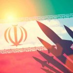 Missile Power Play: Iran’s Defiant Move Silhouettes of missiles over Irans flag graphic.